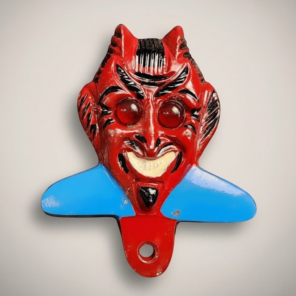 Jones Peak Devil aluminum license plate topper with antique patina finish, red devil face, blue collar, and red base.