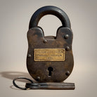 Jones Peak Folsom State Prison cast iron lock with brass tag and keys, 1880. Antique distressed finish.