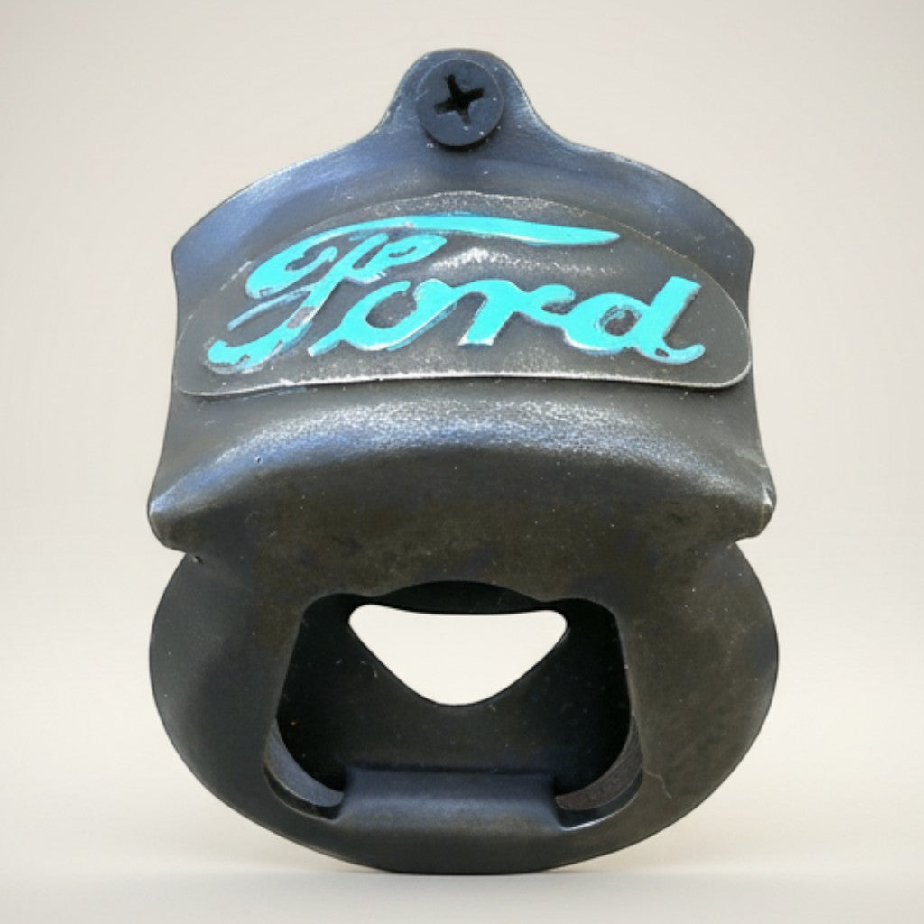 Jones Peak vintage metal wall bottle opener with Ford logo in turquoise