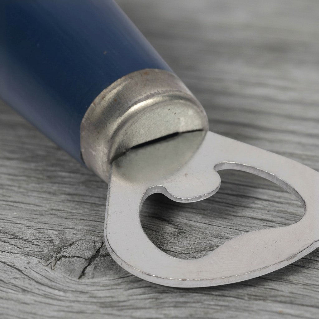 Jones Peak Ford Motor Company blue hardwood bottle opener with silver metal hardware.