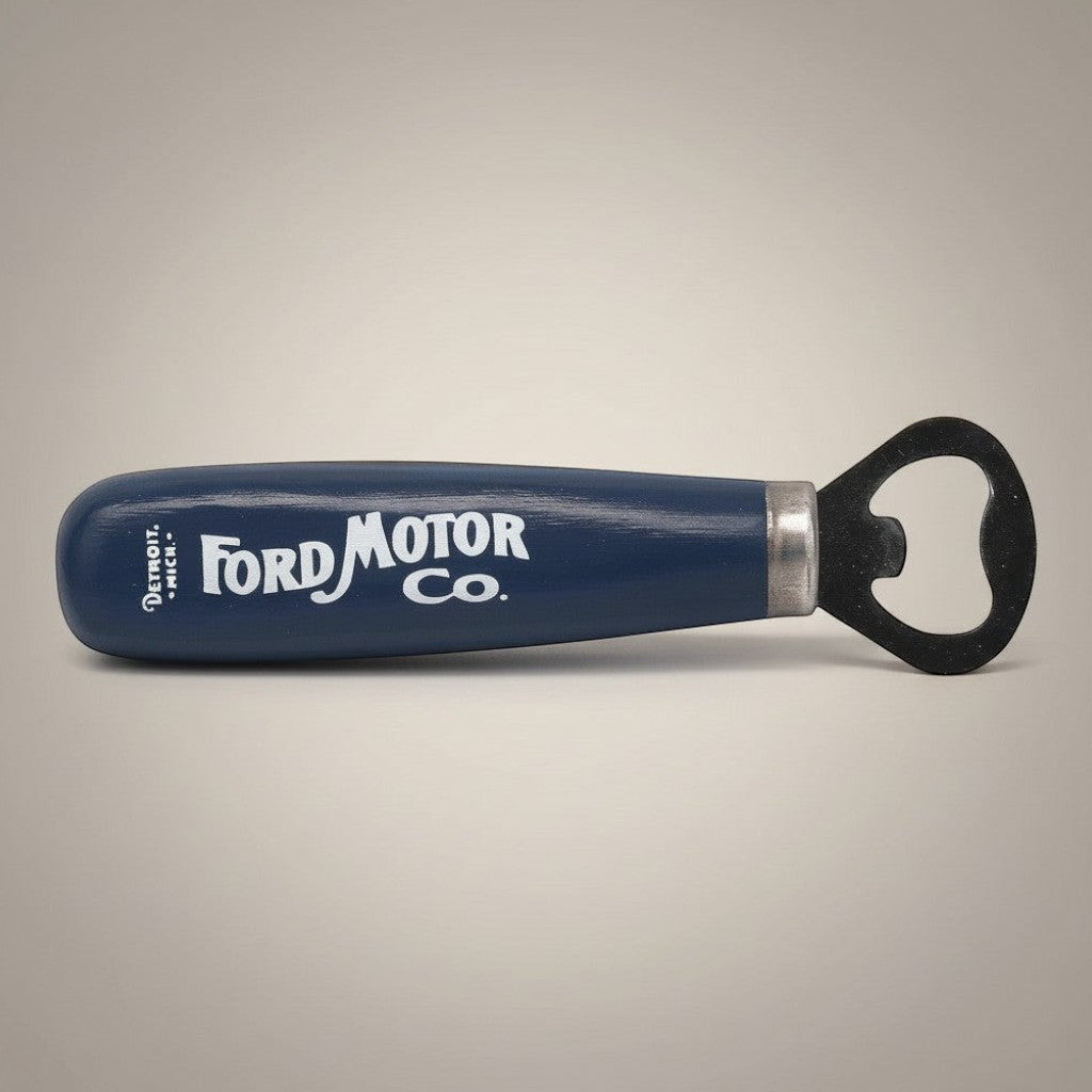 Jones Peak Ford Motor Company dark blue wooden bottle opener with white lettering and metal cap opener.