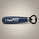 Jones Peak Ford Motor Company dark blue wooden bottle opener with white lettering and metal cap opener.