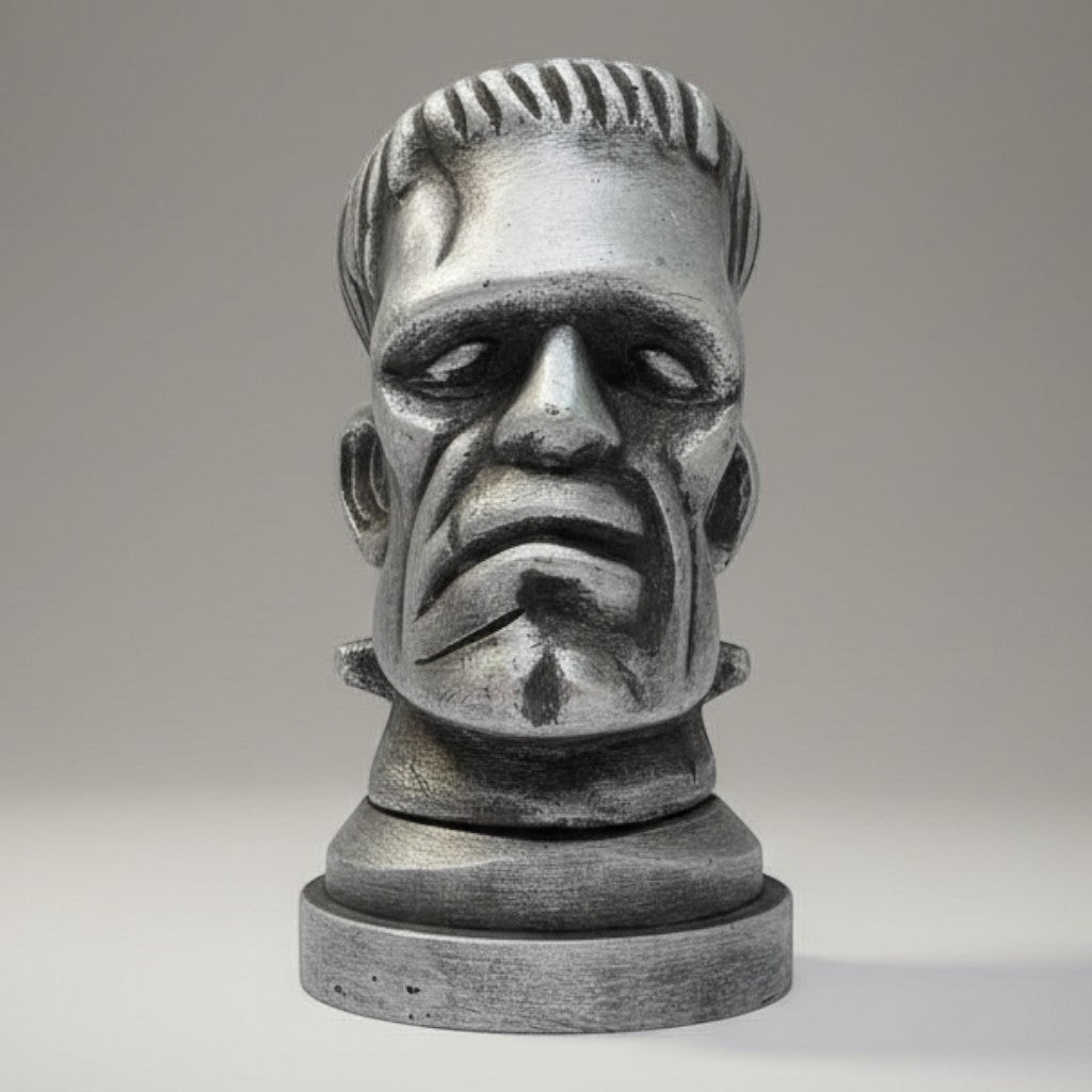 Jones Peak Frankenstein aluminum bottle opener with antiqued finish, shaped like a vintage monster head.