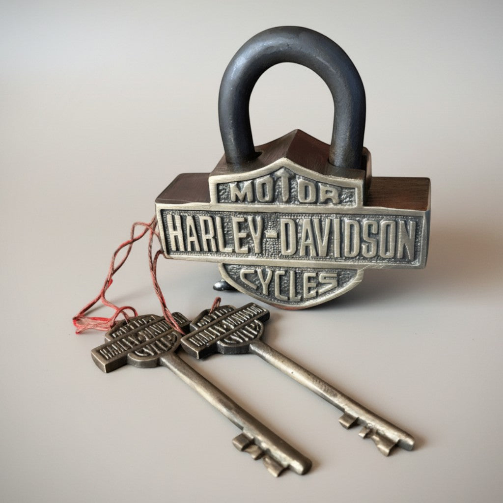 Jones Peak Harley-Davidson solid brass lock with keys, antiqued finish, for display and decor.