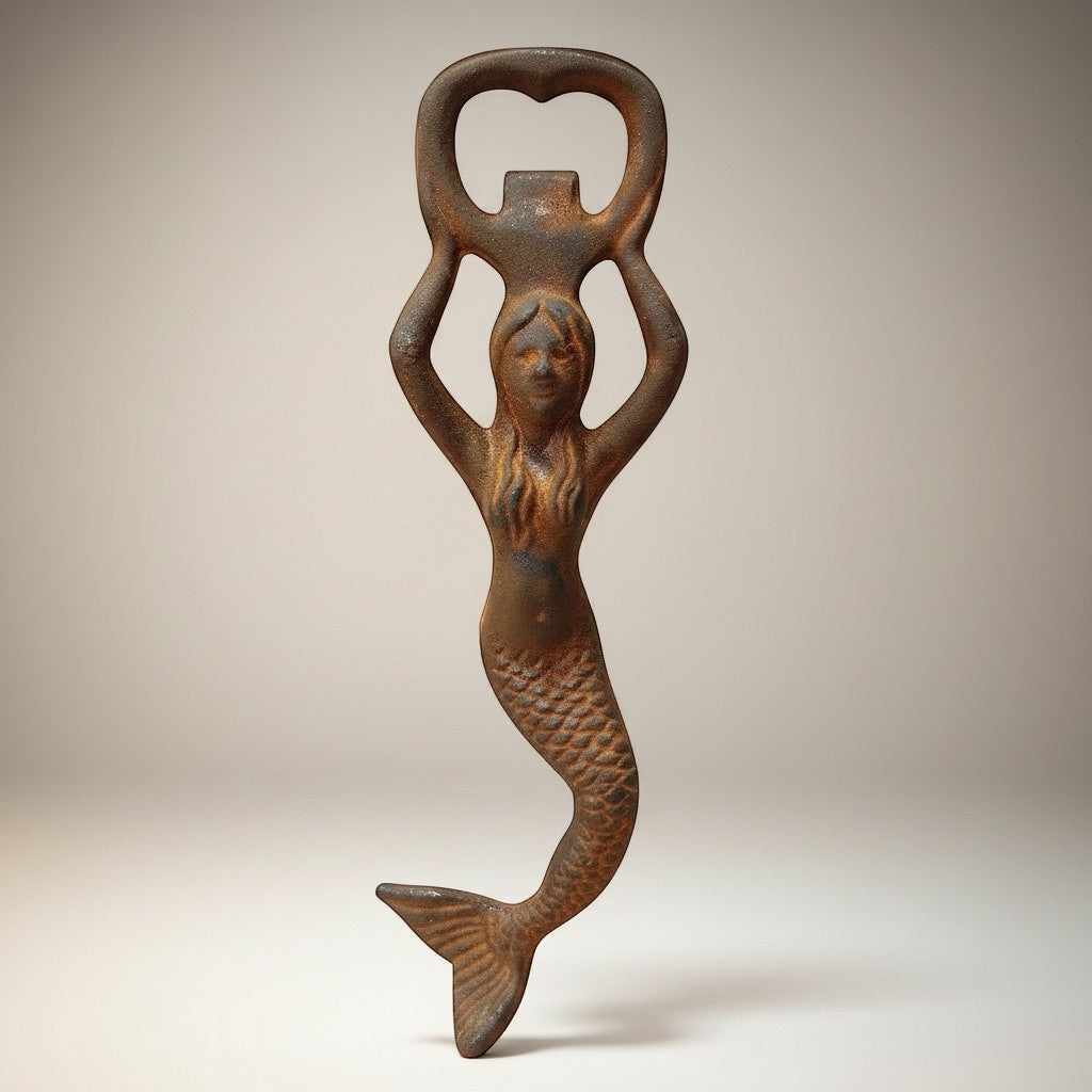 Jones Peak cast iron mermaid bottle opener with a rustic, antiqued finish. Functional barware.