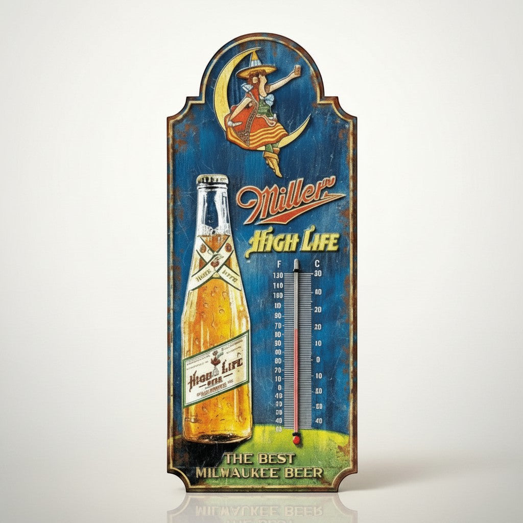 Jones Peak Miller High Life Milwaukee Beer thermometer with vintage distressed blue finish, featuring a bottle and moon graphic.