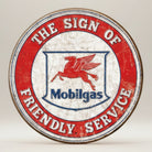 Jones Peak ROUND Mobil Friendly Service metal sign with red and white distressed design featuring a winged horse and Mobilgas logo.