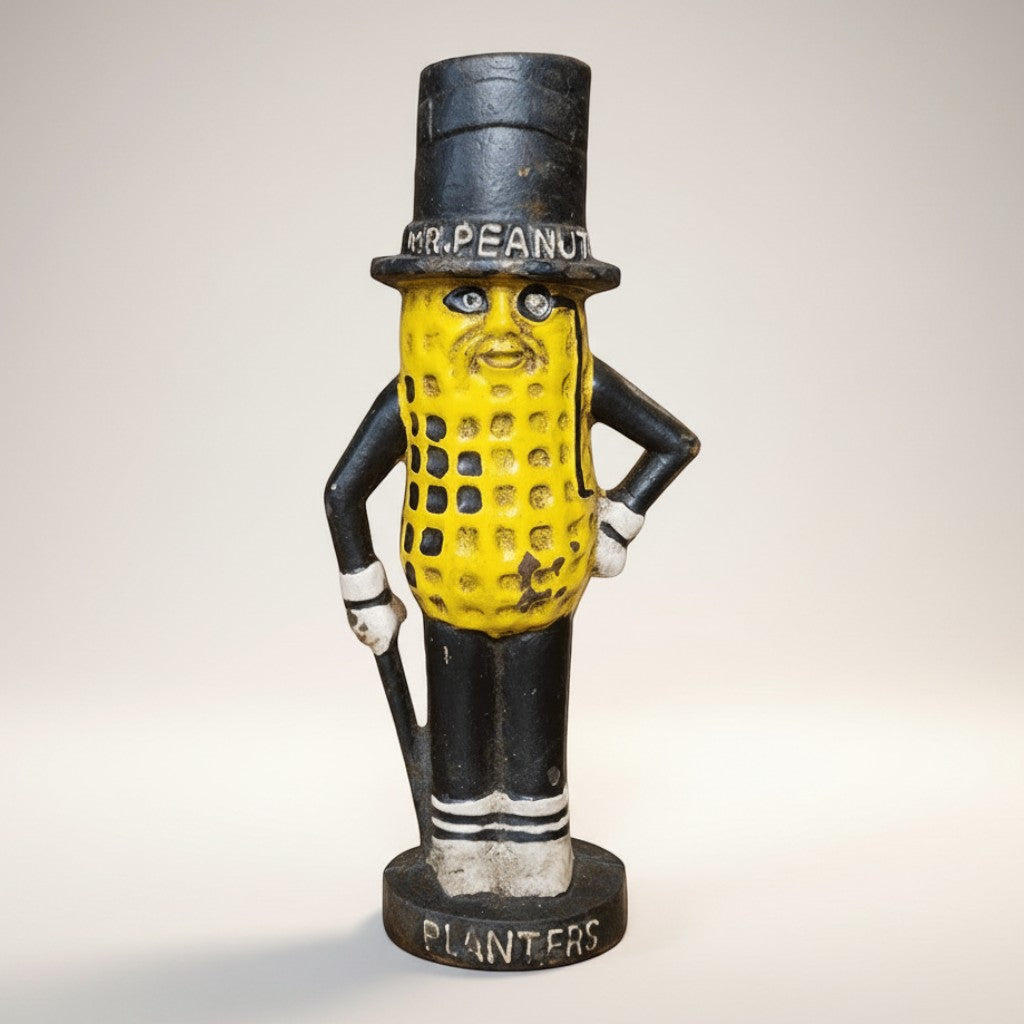 Jones Peak Mr. Peanut cast iron coin bank, hand-painted antique patina finish, black top hat and pants, yellow peanut body.
