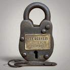 Jones Peak San Quentin Death Row reproduction lock with brass tag and keys, cast iron with antique finish.