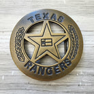Jones Peak solid brass Texas Rangers round badge with antique finish and pin back, 1.75" diameter.