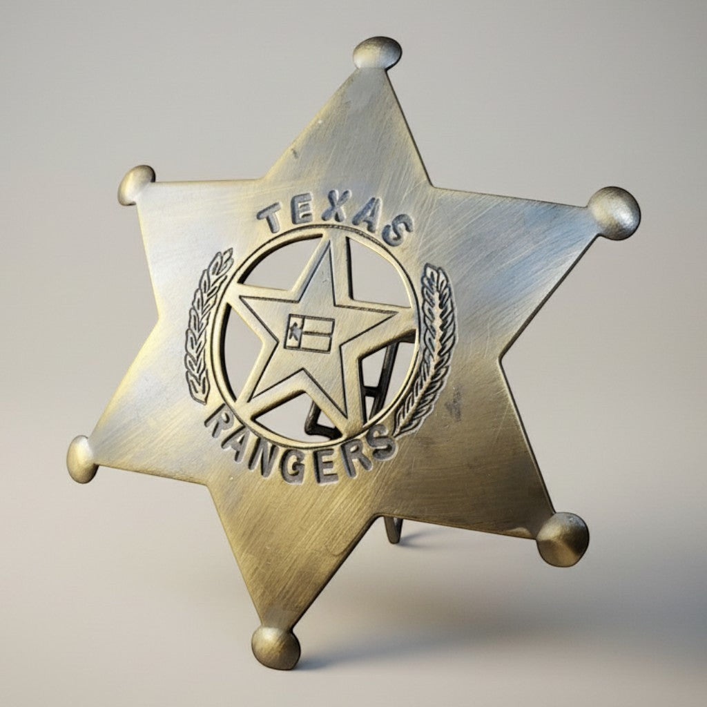 Jones Peak Texas Rangers solid brass badge with antique finish and pin back. Ideal for costumes and collections.