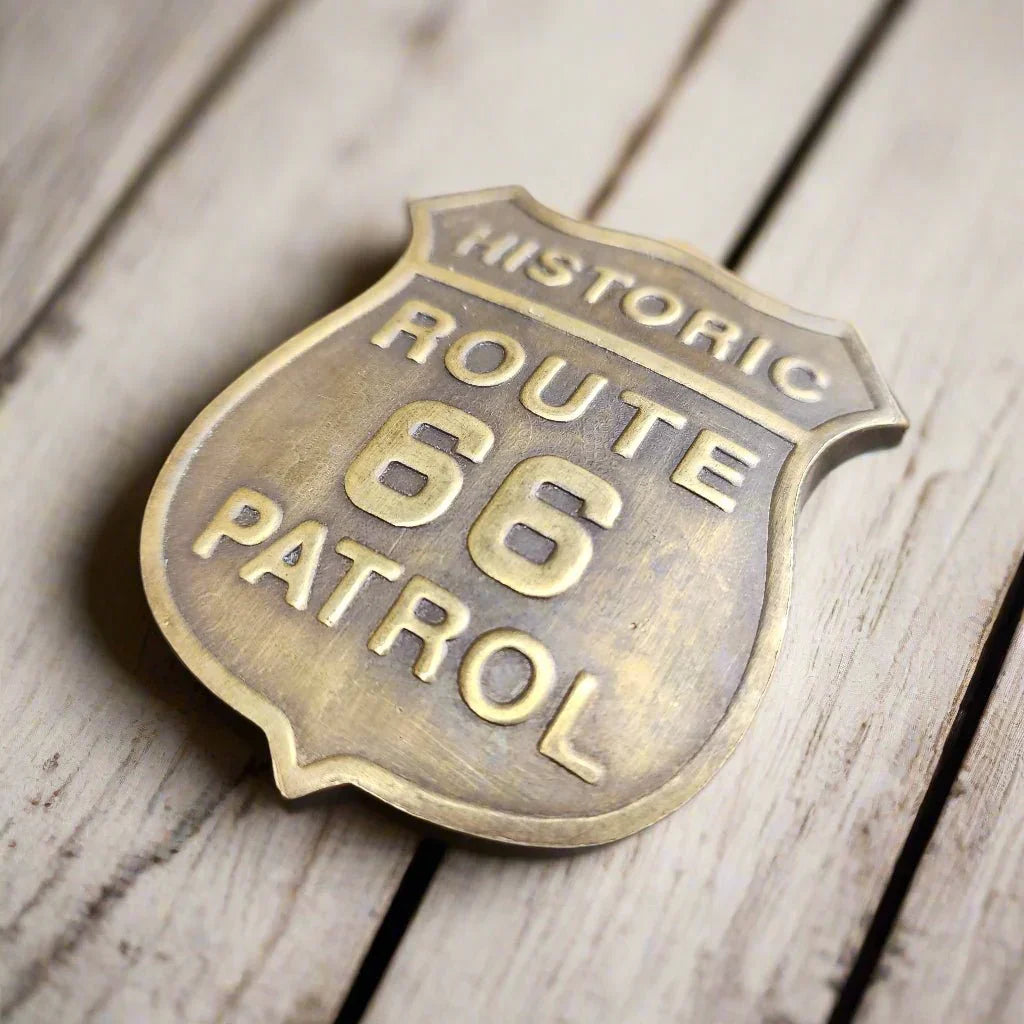 Route 66 Solid Brass Badge With Raised Lettering & Soldered Pin (Free Gift!) - Jones Peak