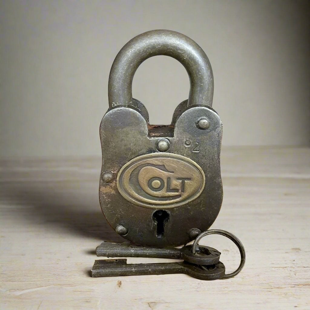 Colt Gun Cabinet Cast Iron Lock and Keys With Antique Finish (4" x 2") - Jones Peak