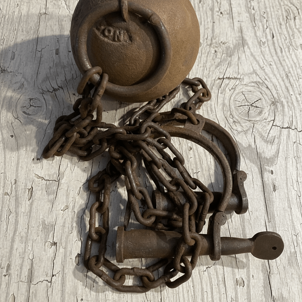 Leavenworth Prison Cast Iron Ball & Chain Leg Irons close-up view - Jones Peak