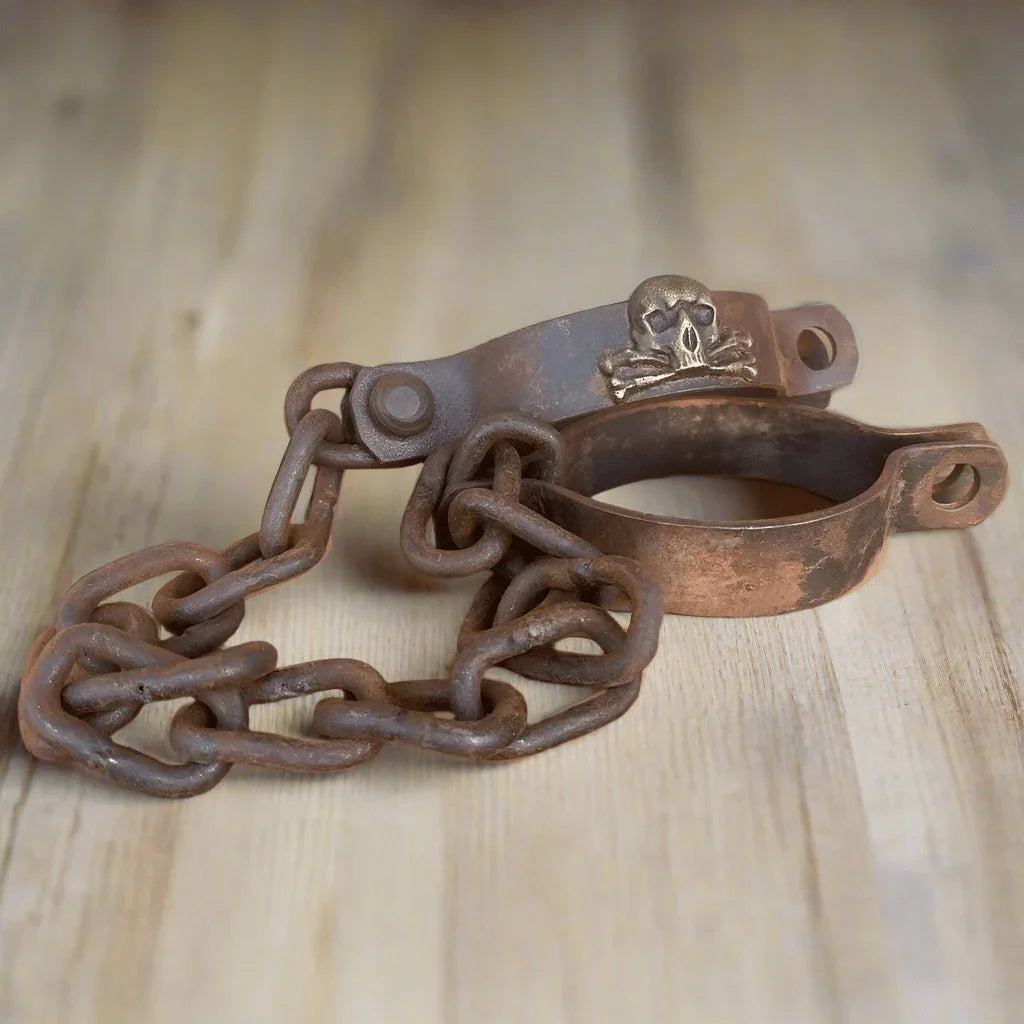 Pirate Handcuffs Cast Iron Brass Skull & Crossbones Tag With Antique Finish (27" Long) - Jones Peak