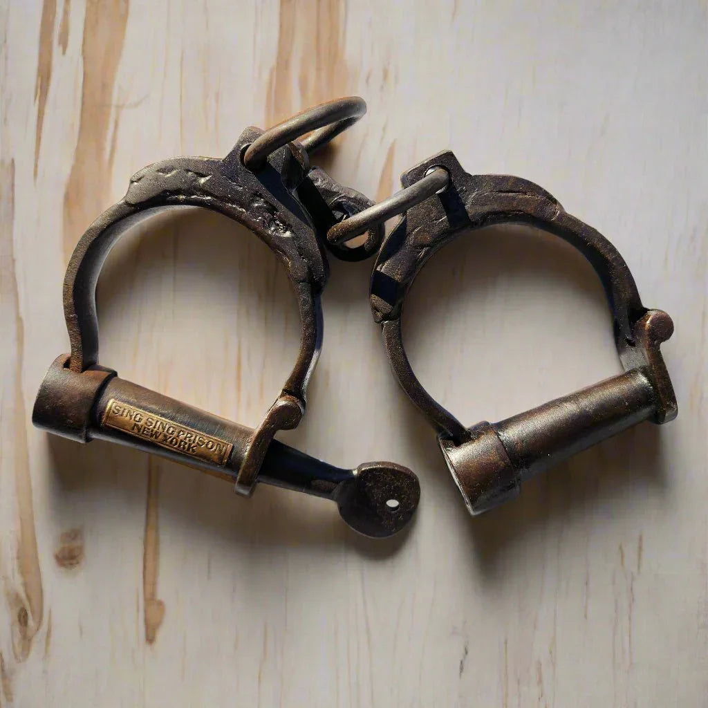 Sing Sing Prison Cast Iron Handcuffs with Brass Tag - Jones Peak