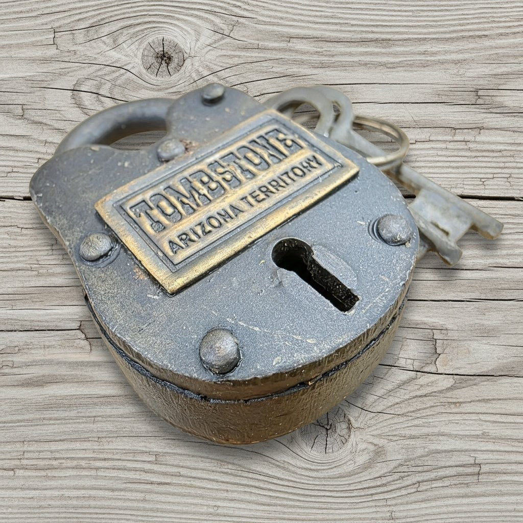 Tombstone Arizona Territory Cast Iron Gate Lock With Keys & Antique Finish (2.5" x 1.5") - Jones Peak