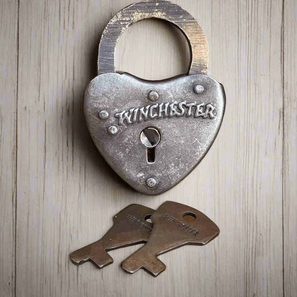 Winchester Heart Lock With Raised Lettering & Antique Finish (2.25" x 1.5") - Jones Peak